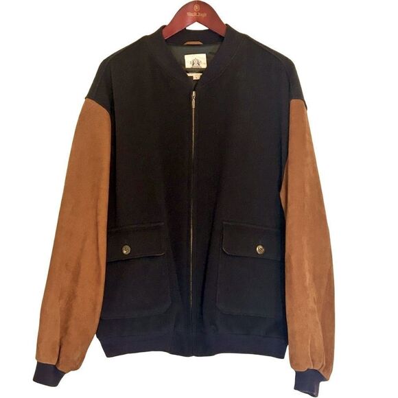 Maus & Hoffman Men’s Varsity Bomber Jacket In Navy and Brown Size L - Picture 1 of 11